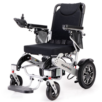 Hlpmedical EQUIPMED Power Electric Wheelchair in black and silver, lightweight, foldable design with lithium batteries for long-range mobility.