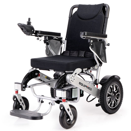 Hlpmedical EQUIPMED Power Electric Wheelchair in black and silver, lightweight, foldable design with lithium batteries for long-range mobility.