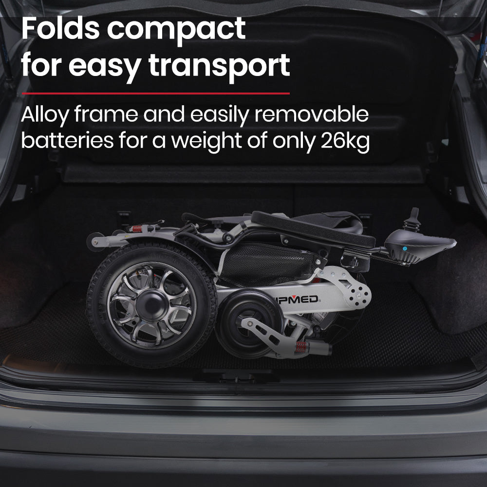 Black and silver EQUIPMED Power Electric Wheelchair with lithium batteries, lightweight, folding design, airline approved, long-range mobility.