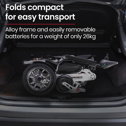 Black and silver EQUIPMED Power Electric Wheelchair with lithium batteries, lightweight, folding design, airline approved, long-range mobility.