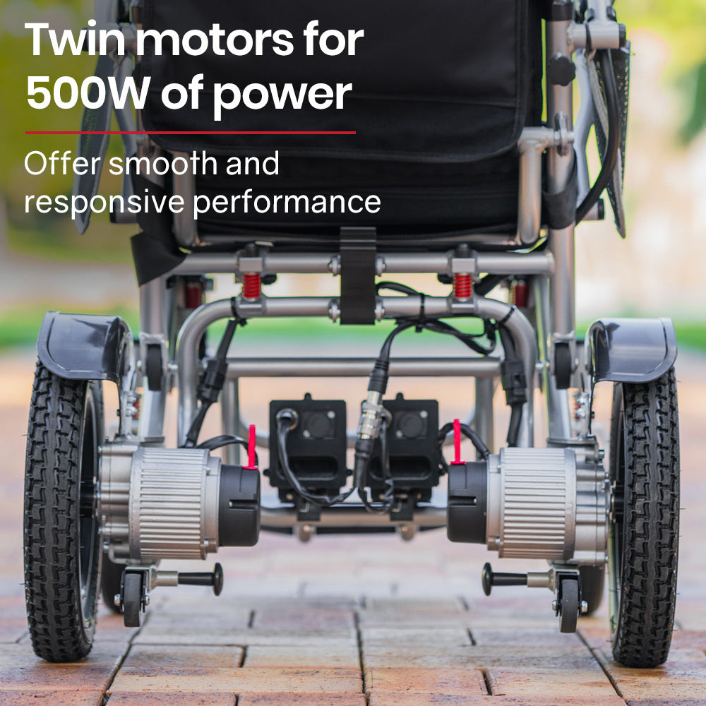 Hlpmedical EQUIPMED Power Electric Wheelchair in black and silver, lightweight, foldable, with long-range lithium batteries.