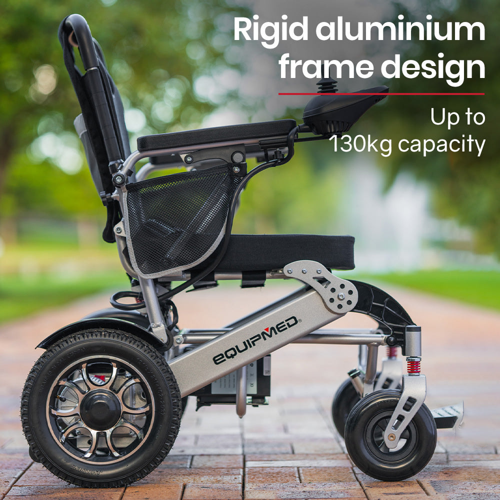 Hlpmedical EQUIPMED Power Electric Wheelchair in black and silver, lightweight, folding design with lithium batteries for long-range mobility.