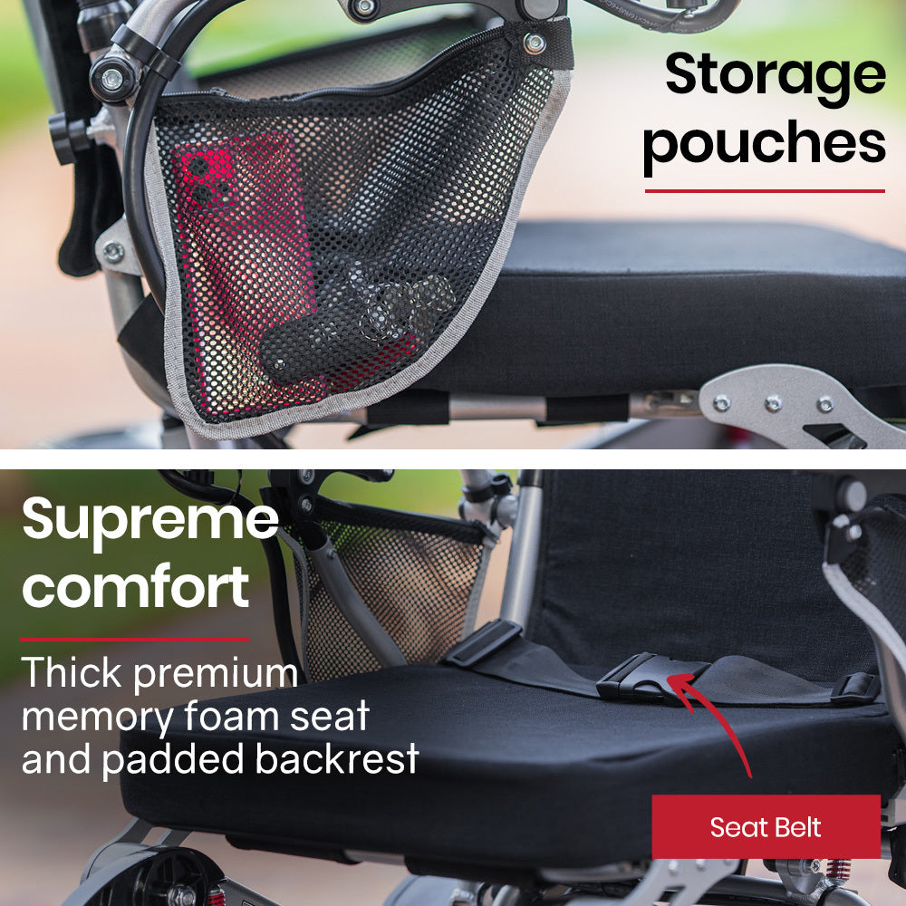 Hlpmedical EQUIPMED Power Electric Wheelchair in black and silver, lightweight, foldable design with long-range lithium batteries.