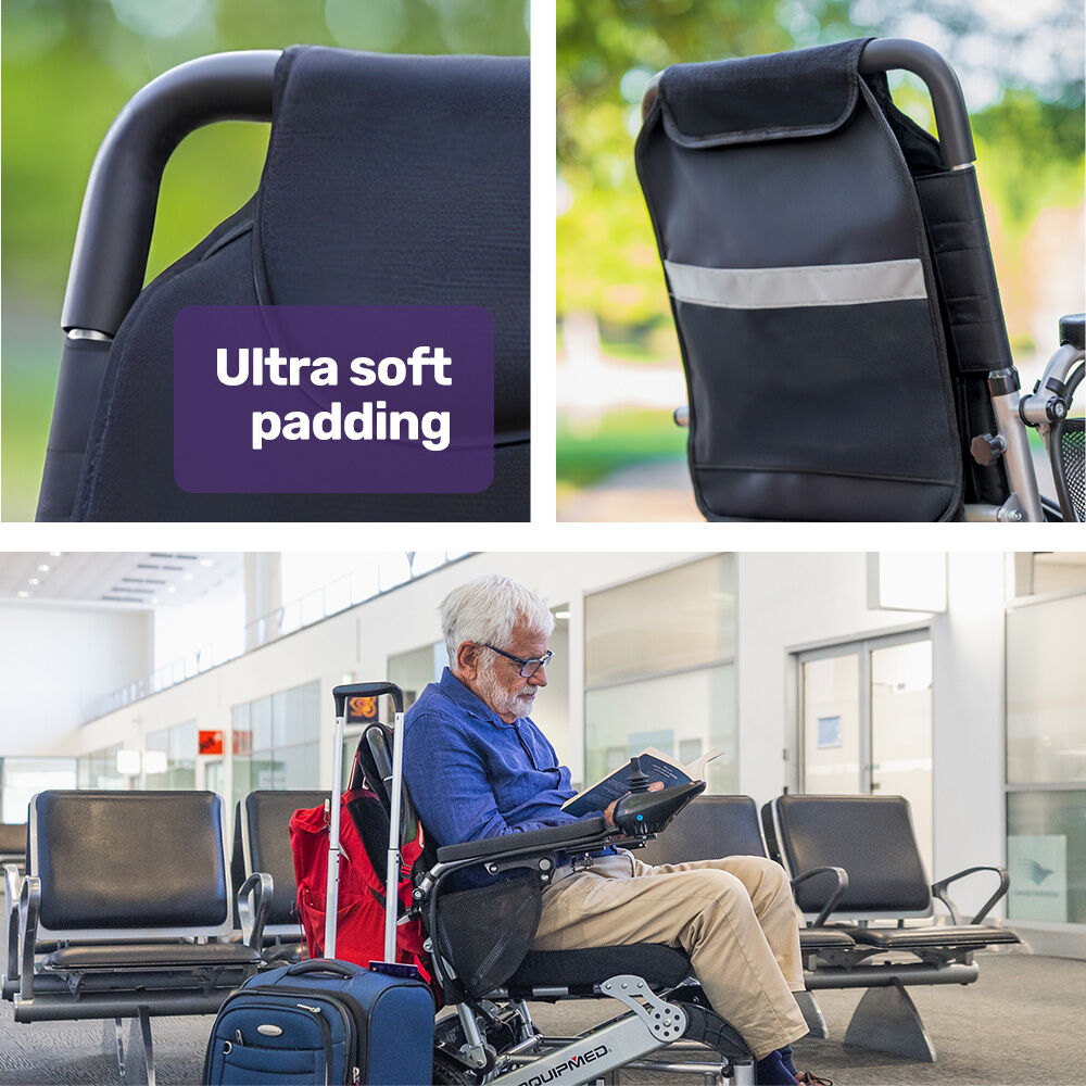Hlpmedical EQUIPMED Power Electric Wheelchair in black and silver with folding design, lithium batteries, and airline approval.