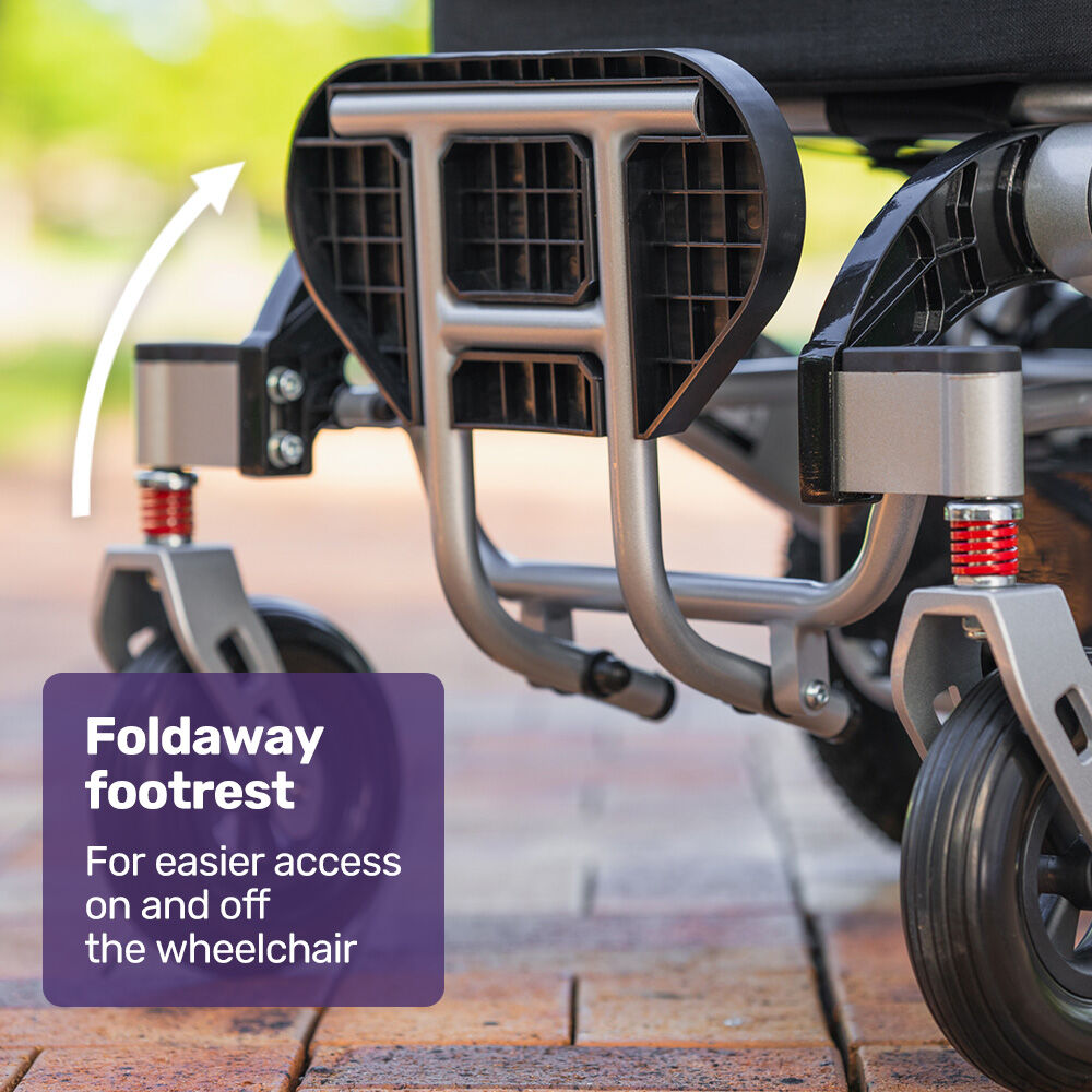 Hlpmedical EQUIPMED Power Electric Wheelchair in black and silver, lightweight, folding design with lithium batteries and long range.