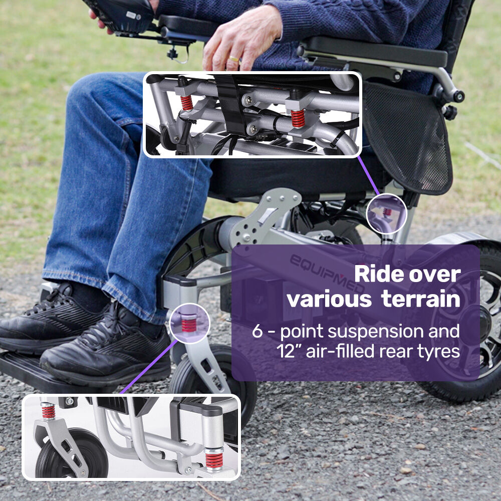Hlpmedical EQUIPMED Power Electric Wheelchair in black and silver, lightweight, folding design with lithium batteries and airline approval
