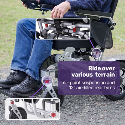 Hlpmedical EQUIPMED Power Electric Wheelchair in black and silver, lightweight, folding design with lithium batteries and airline approval