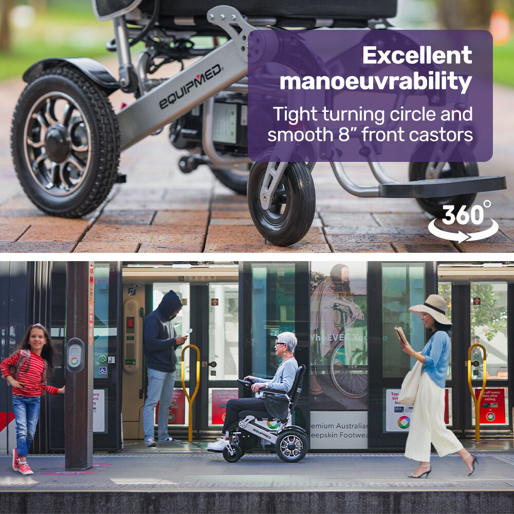 Hlpmedical EQUIPMED Power Electric Wheelchair in black and silver, lightweight, folding design with lithium batteries for long-range mobility.