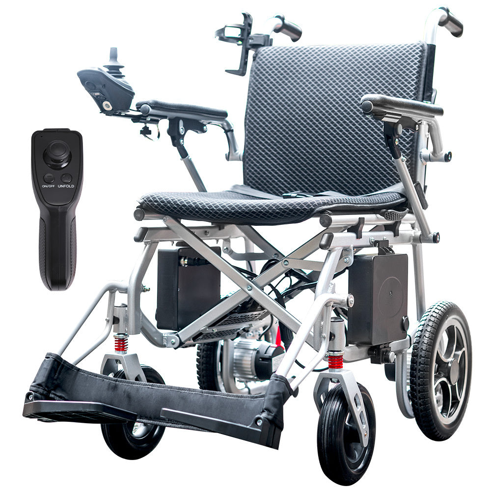 Hlpmedical EQUIPMED electric wheelchair in silver with lithium batteries, lightweight design, airline approved, suitable for mobility needs.