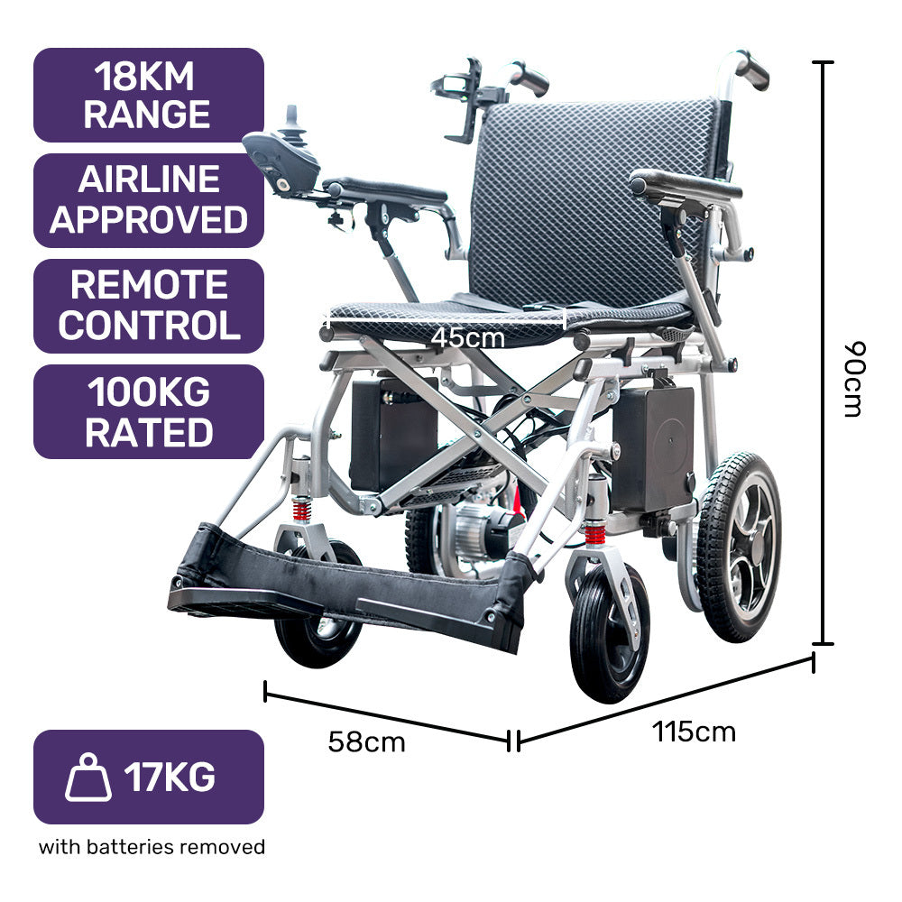 Hlpmedical EQUIPMED Power Electric Wheelchair in silver, lightweight, airline approved with long-range lithium batteries.