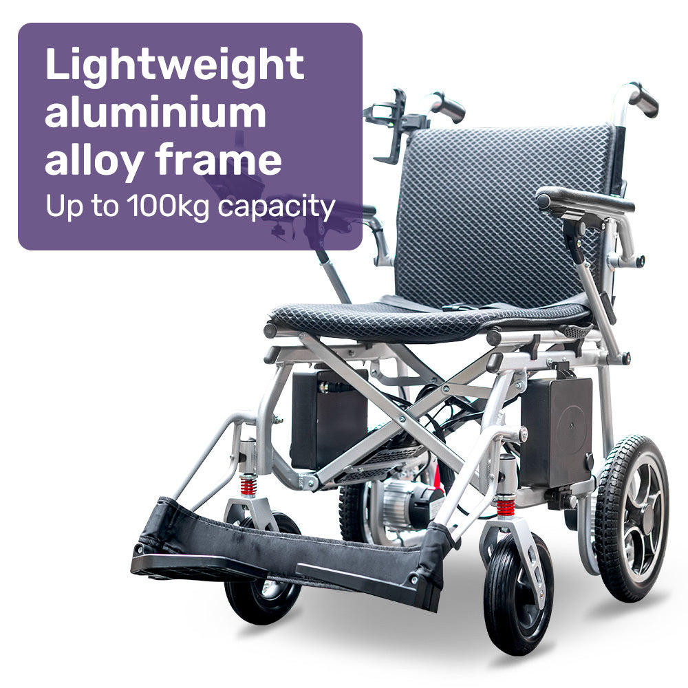Silver Equipmed Power Electric Wheelchair by Hlpmedical, lightweight, airline approved with long-range lithium batteries.