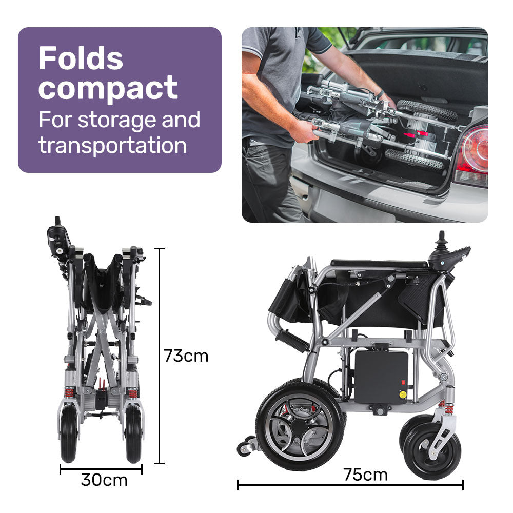 Silver EQUIPMED Power Electric Wheelchair by Hlpmedical, lightweight, airline approved with long-range lithium batteries.