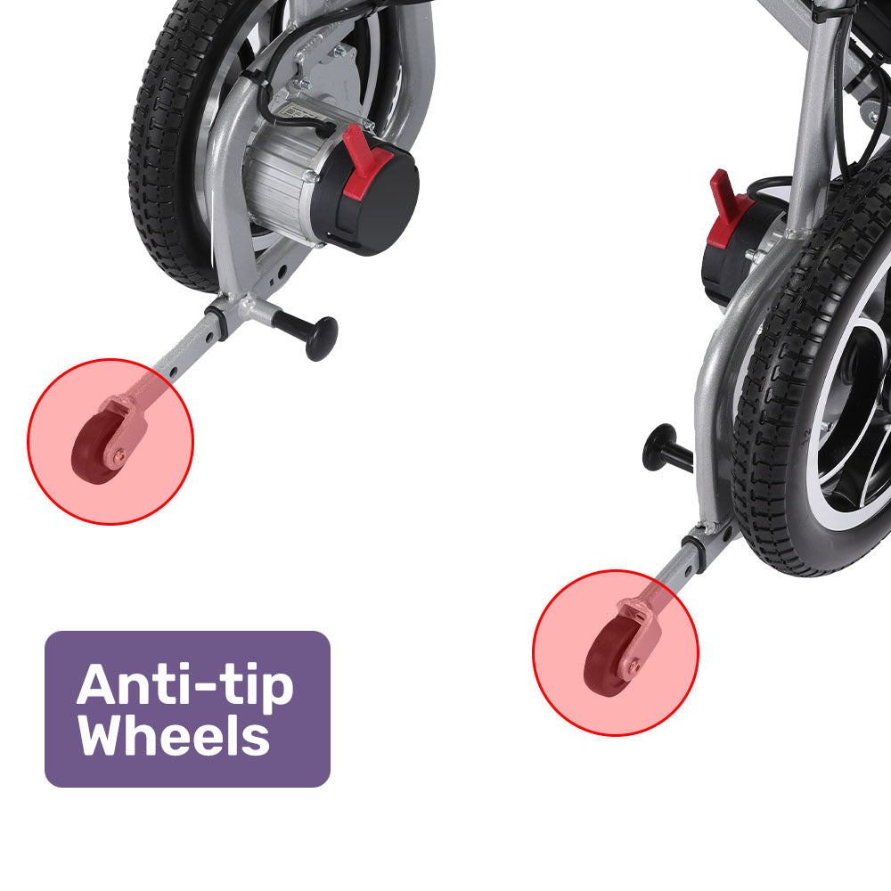 Silver EQUIPMED Power Electric Wheelchair by Hlpmedical with lithium batteries, lightweight design, airline approved, long-range mobility.