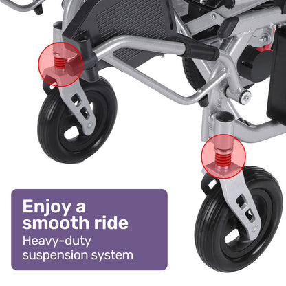 Silver EQUIPMED Power Electric Wheelchair by Hlpmedical with lithium batteries, lightweight, airline approved, long-range mobility aid.