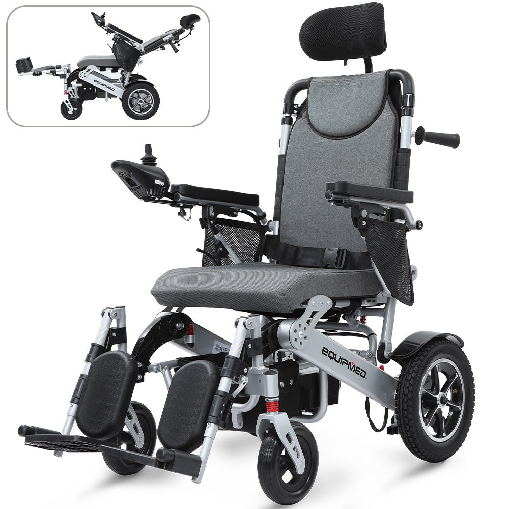 Hlpmedical EQUIPMED Power Electric Wheelchair with foldable design, headrest, aluminium frame, lithium battery, and recline adjustment.