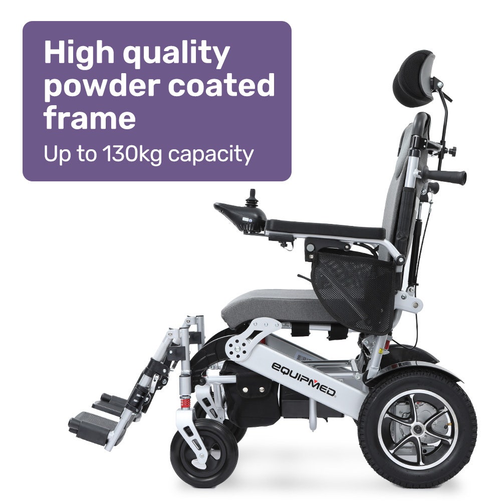Hlpmedical EQUIPMED Power Electric Wheelchair with folding design, headrest, aluminium frame, lithium battery, and recline feature.