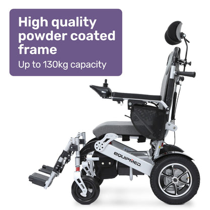 Hlpmedical EQUIPMED Power Electric Wheelchair with folding design, headrest, aluminium frame, lithium battery, and recline feature.