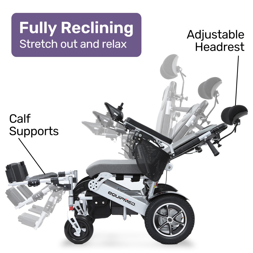Hlpmedical EQUIPMED Power Electric Wheelchair with foldable design, headrest, aluminium frame, lithium battery, and recline adjustment.