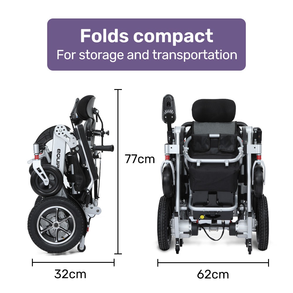 Hlpmedical EQUIPMED Power Electric Wheelchair with foldable frame, recline, headrest, lithium battery, airline approved, aluminium construction.