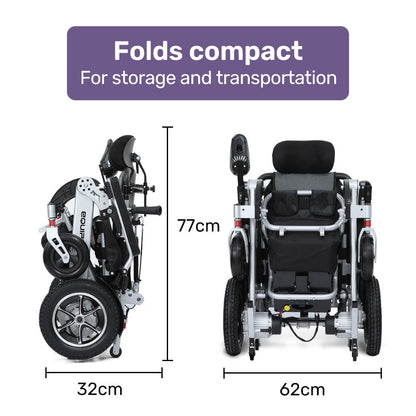Hlpmedical EQUIPMED Power Electric Wheelchair with foldable frame, recline, headrest, lithium battery, airline approved, aluminium construction.