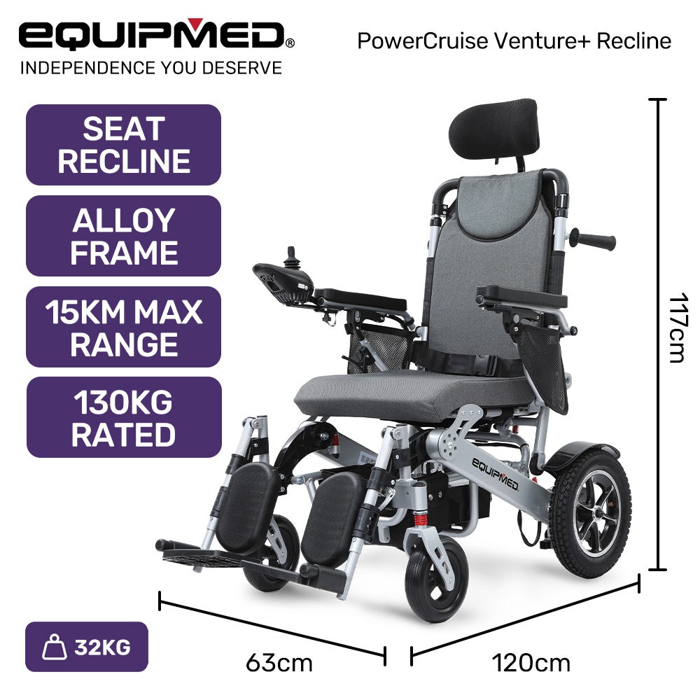 Hlpmedical EQUIPMED Power Electric Wheelchair with folding frame, recline, headrest, aluminium build, lithium battery, airline approved