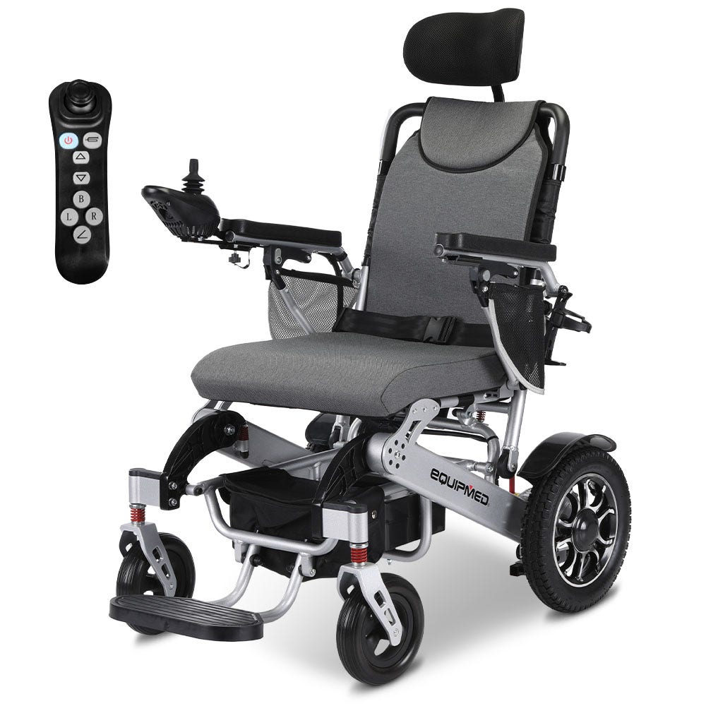 Hlpmedical EQUIPMED Power Electric Wheelchair with alloy frame, remote control, lithium battery, black and silver color, long-range, airline approved.