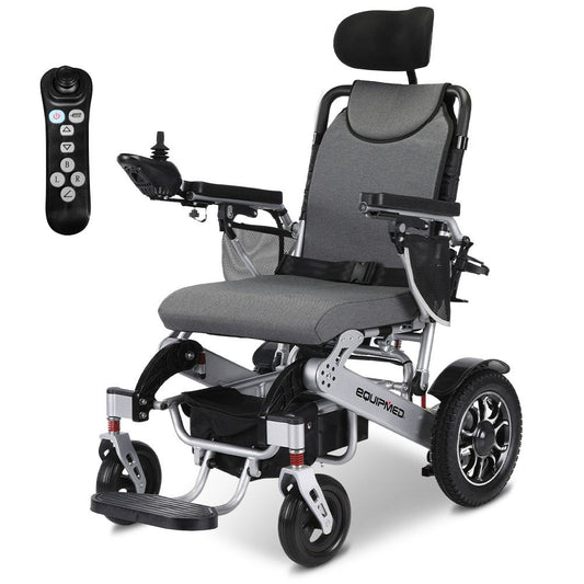 Hlpmedical EQUIPMED Power Electric Wheelchair with alloy frame, remote control, lithium battery, black and silver color, long-range, airline approved.