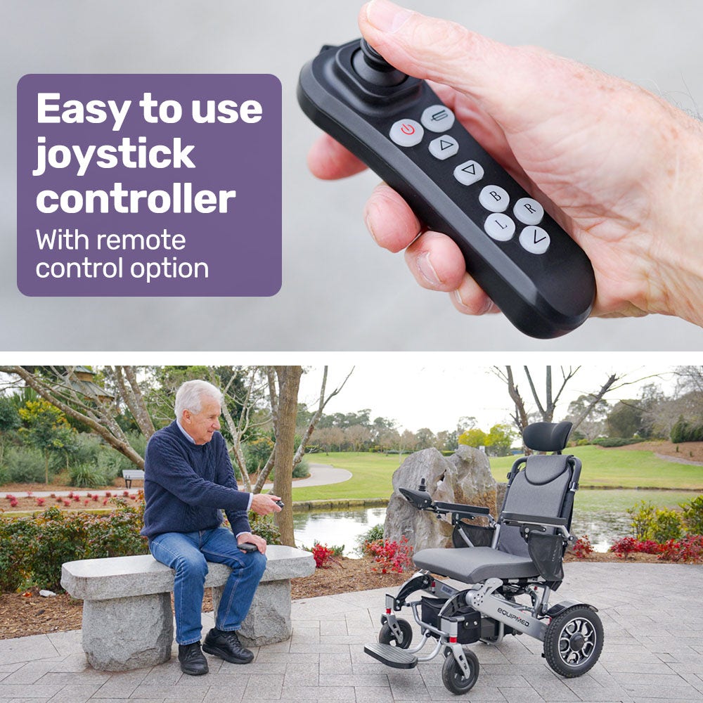 Hlpmedical EQUIPMED Power Electric Wheelchair in black and silver with remote control, alloy frame, lithium battery, designed for long-range travel