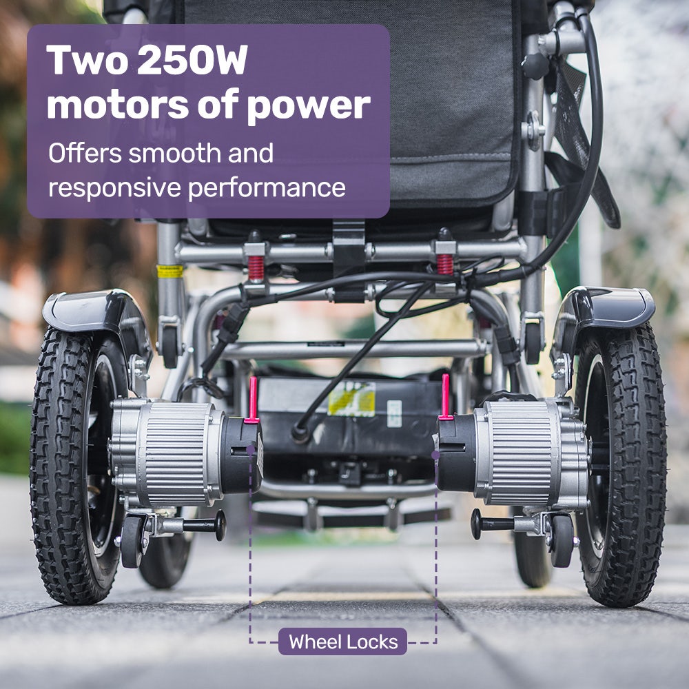 Hlpmedical EQUIPMED Power Electric Wheelchair in black and silver with remote control and lithium battery for long-range mobility.