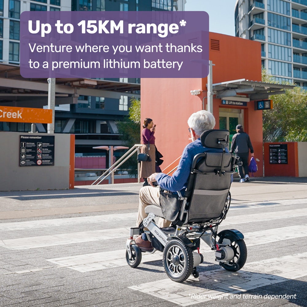 Hlpmedical EQUIPMED power electric wheelchair in black and silver with remote control, alloy frame, lithium battery, designed for long-range mobility.