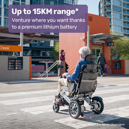 Hlpmedical EQUIPMED power electric wheelchair in black and silver with remote control, alloy frame, lithium battery, designed for long-range mobility.