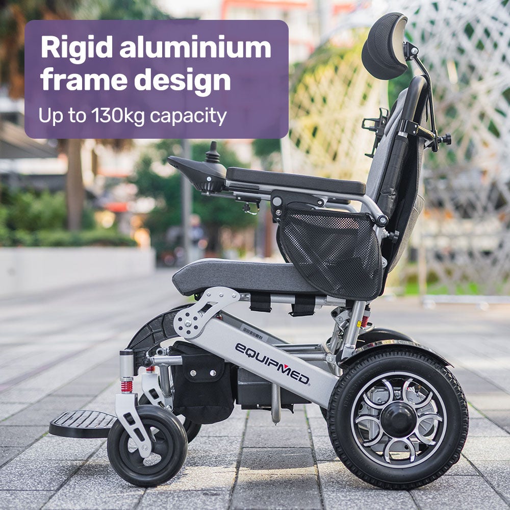 Hlpmedical EQUIPMED Power Electric Wheelchair in black and silver with remote control, alloy frame, lithium battery, designed for long-range travel
