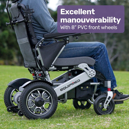 Hlpmedical EQUIPMED power electric wheelchair in black and silver with remote control and lithium battery for mobility and accessibility.