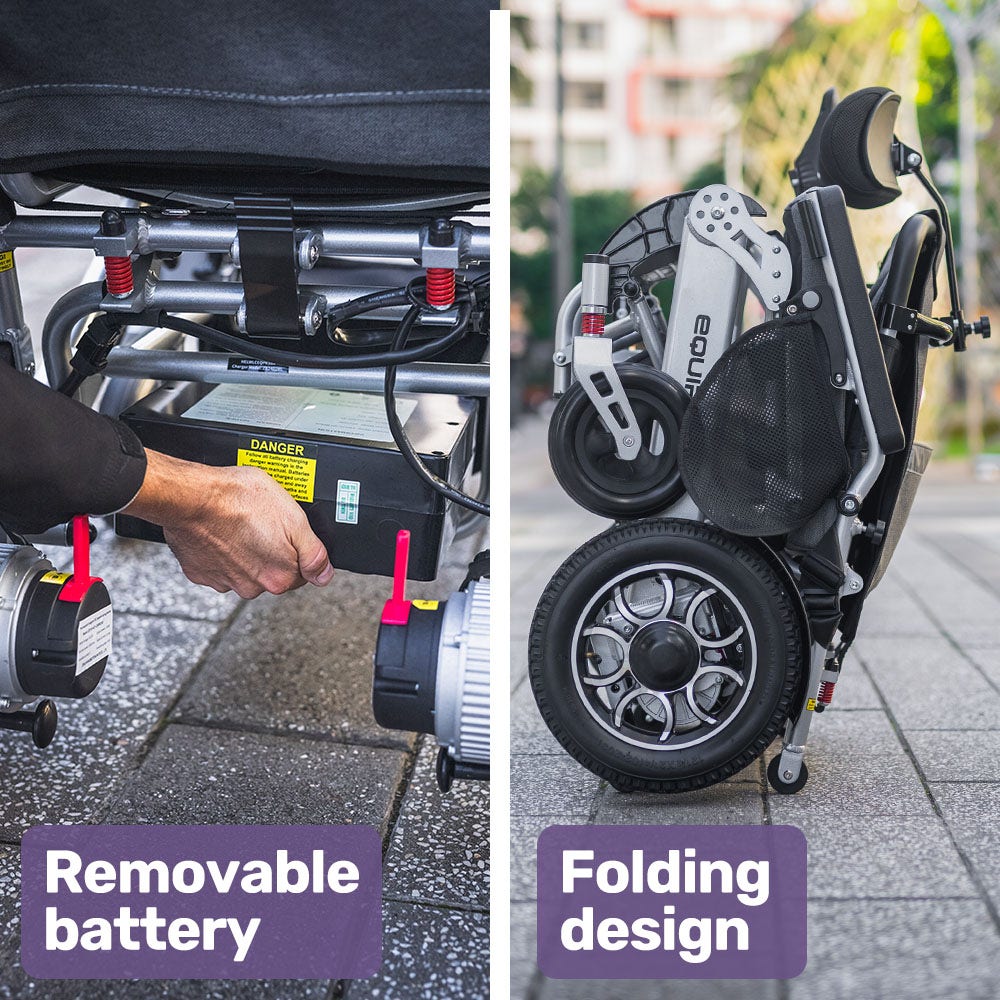 Hlpmedical EQUIPMED Power Electric Wheelchair in black and silver with remote control and lithium battery, designed for long-range mobility.