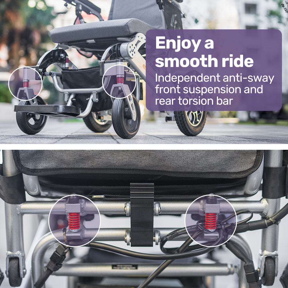 Hlpmedical EQUIPMED Power Electric Wheelchair in black and silver with remote control, alloy frame, lithium battery, suitable for long-range travel