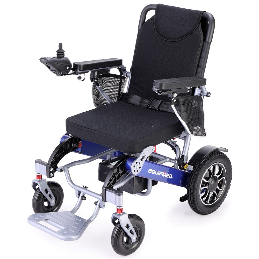 Hlpmedical Equipmed Power Electric Wheelchair in blue with aluminium frame, lithium battery, folding design, ideal for long-range travel.