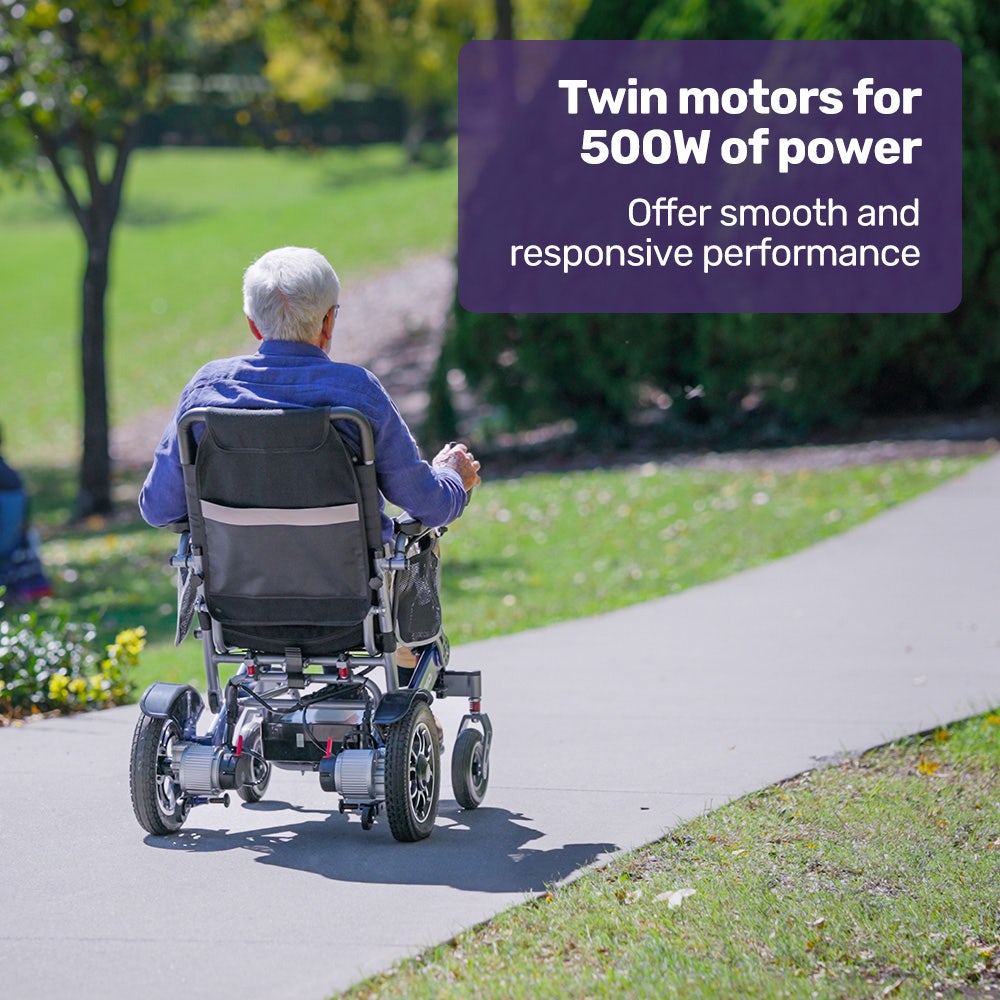 Blue EQUIPMED Power Electric Wheelchair with aluminium frame, lithium battery, foldable design, long range, airline approved by Hlpmedical.