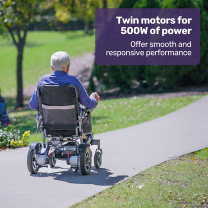 Blue EQUIPMED Power Electric Wheelchair with aluminium frame, lithium battery, foldable design, long range, airline approved by Hlpmedical.