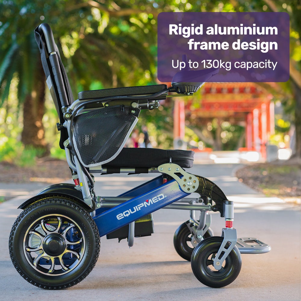 Blue EQUIPMED Power Electric Wheelchair with folding aluminium frame and lithium battery, designed for long-range mobility and airline travel.