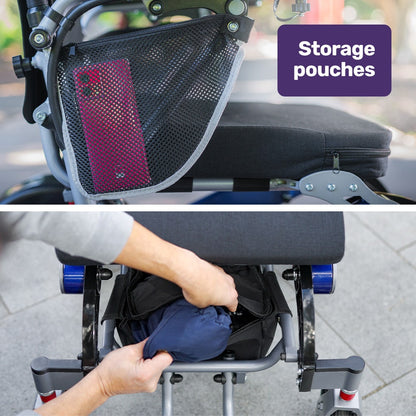 Blue EQUIPMED Power Electric Wheelchair with aluminium frame, lithium battery, folding design, long range, airline approved, by Hlpmedical