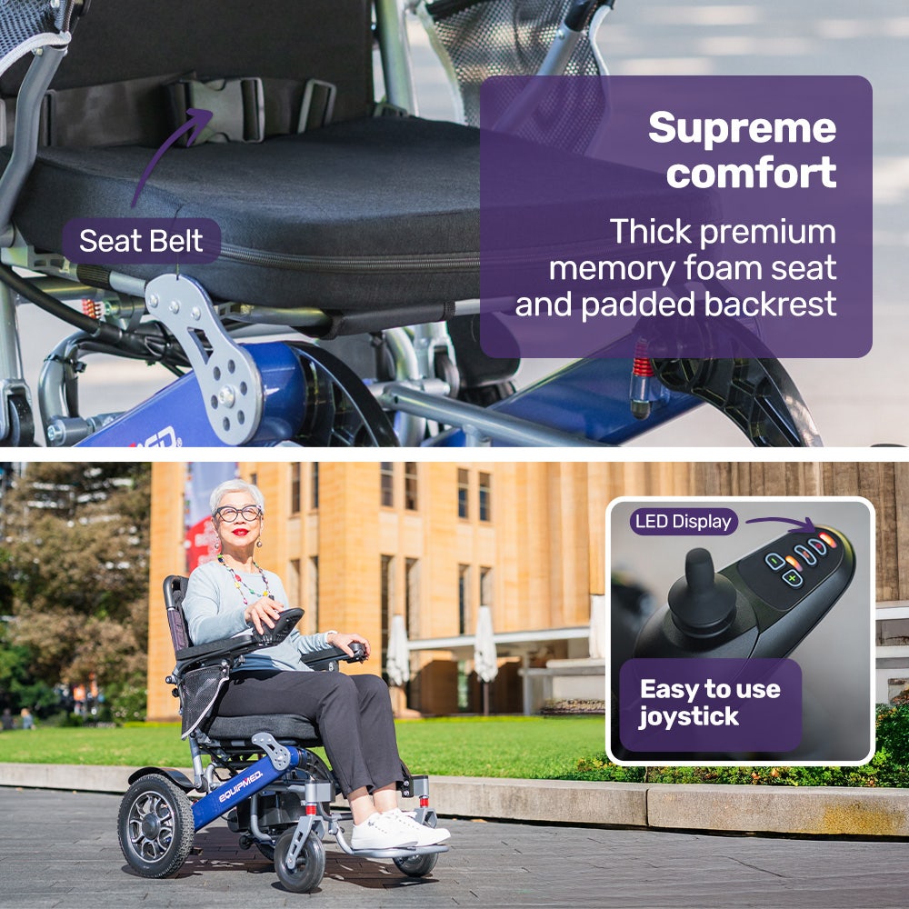 Blue EQUIPMED Power Electric Wheelchair with aluminium frame, lithium battery, folding design, long range, airline approved by Hlpmedical.