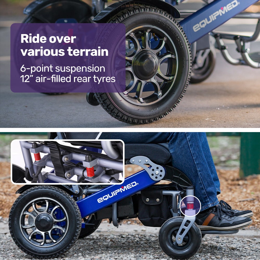 Blue EQUIPMED Power Electric Wheelchair with aluminium frame, lithium battery, foldable design, long range, airline approved by Hlpmedical.