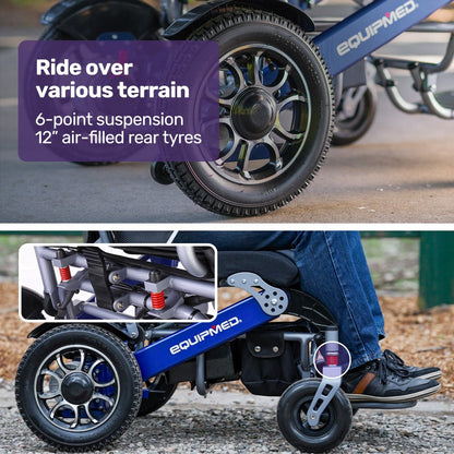 Blue EQUIPMED Power Electric Wheelchair with aluminium frame, lithium battery, foldable design, long range, airline approved by Hlpmedical.
