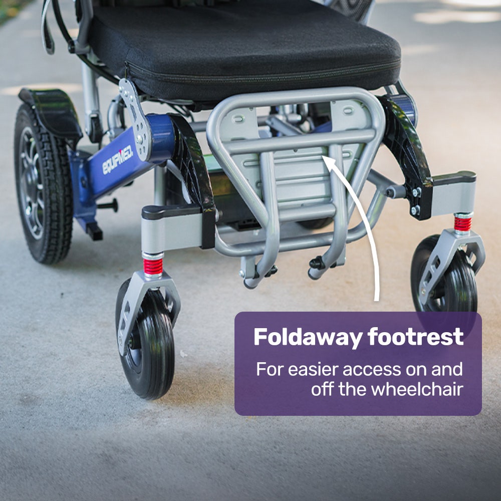 Blue EQUIPMED Power Electric Wheelchair with aluminium frame, lithium battery, foldable design, long-range, airline approved by Hlpmedical.