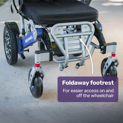 Blue EQUIPMED Power Electric Wheelchair with aluminium frame, lithium battery, foldable design, long-range, airline approved by Hlpmedical.