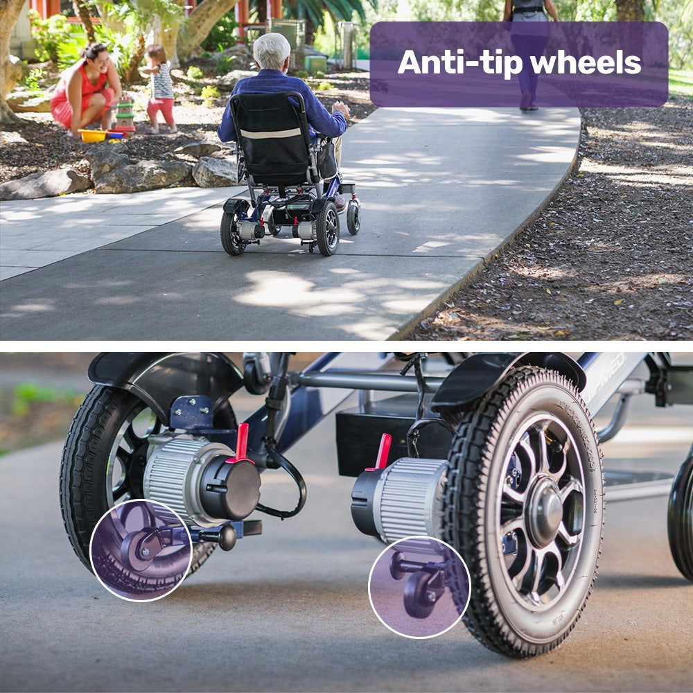 Hlpmedical EQUIPMED electric wheelchair with blue aluminium frame, lithium battery, folding design, long-range, airline approved.