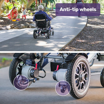 Hlpmedical EQUIPMED electric wheelchair with blue aluminium frame, lithium battery, folding design, long-range, airline approved.