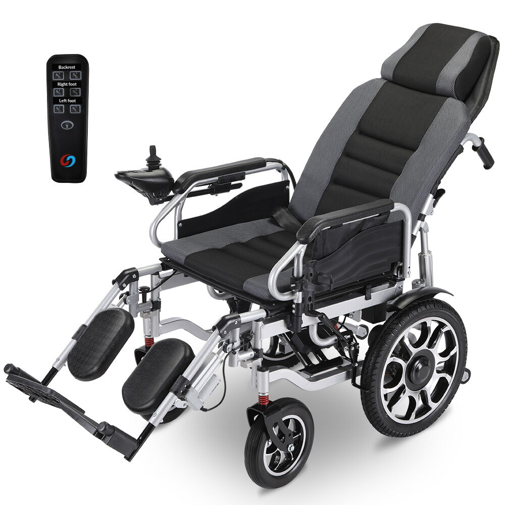 Hlpmedical EQUIPMED Power Electric Wheelchair with 16" rear wheels, headrest, auto recline, lithium battery, folding grey and black design.