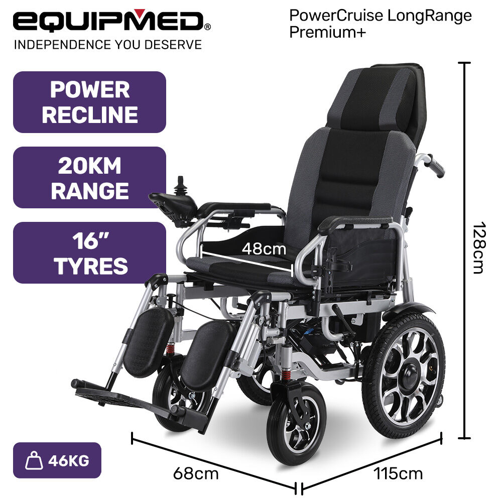 Hlpmedical EQUIPMED power electric wheelchair with auto recline, lithium battery, 16-inch rear wheels, headrest, and folding design in grey and black.