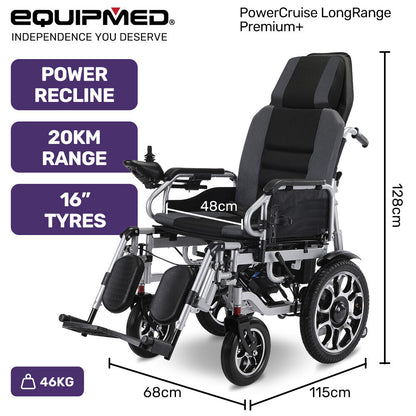 Hlpmedical EQUIPMED power electric wheelchair with auto recline, lithium battery, 16-inch rear wheels, headrest, and folding design in grey and black.